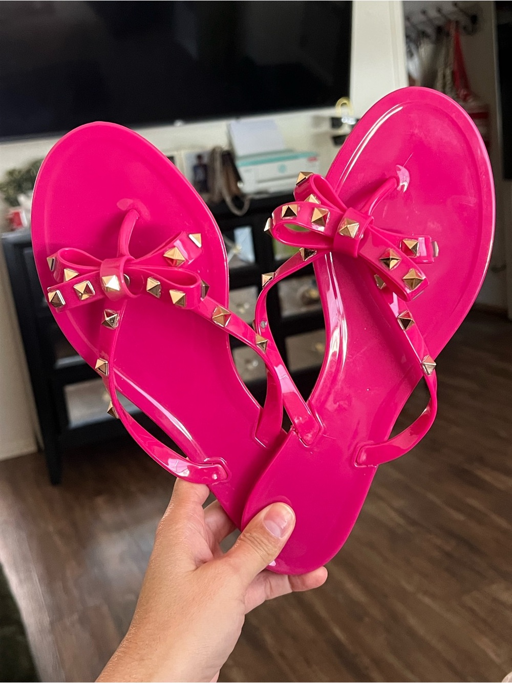 Women’s Hot Pink Studded Bow Jelly Sandals